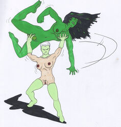 2girls ben1804 big_breasts breasts catfight elbow_gloves female female_only gloves green-skinned_female green_hair green_skin hairy_pussy hulk_(series) lifted light-skinned_female marvel marvel_comics masked_female multiple_girls naked_female nipples nude_female pubic_hair she-hulk thigh_boots