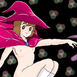 abstract_background breasts brown_hair cape curly_hair eyelashes female female_only flat_chest hat human kneesocks looking_at_viewer nude sally_the_witch sally_yumeno short_hair smile solo witch witch_hat