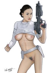 1girls areola attack_of_the_clones breasts busty female female_only gun hitechartist lipstick nipples padme_amidala pussy solo star_wars watermark weapon