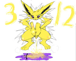 camiod ditto eeveelution jolteon male male_focus male_only nintendo peeing peeing_on_ground pokemon pokemon_(species) urinating urinating_male urine urine_pool urine_splatter urine_stream watersports