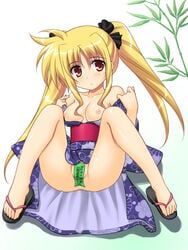 breasts fate_testarossa feet hair_ribbon japanese_clothes kimono long_hair lyrical_nanoha maebari mahou_shoujo_lyrical_nanoha mahou_shoujo_lyrical_nanoha_a's masakichi_(crossroad) ofuda ofuda_on_pussy ribbon sandals tanabata tanzaku tied_hair toes twintails yukata zouri