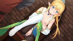 1boy black_choker black_legwear blonde_hair blue_eyes blush boots brick_wall celestia_wordsworoth choker closed_mouth collarbone detached_sleeves dutch_angle elf female flat_chest floating_hair game_cg hair_ornament high_ponytail highres long_hair long_sleeves looking_at_viewer masturbation masturbation_through_clothing nipples panties panties_under_pantyhose pantyhose pointy_ears princess_crisis shiny shiny_hair sitting solo_focus thigh_boots thighband_pantyhose thighhighs underwear very_long_hair white_footwear white_sleeves