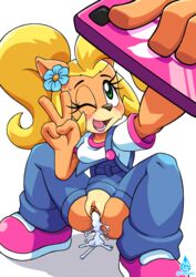 1girls after_sex anthro blonde_hair blush clothed clothed_sex clothing coco_bandicoot coolblue crash_(series) cum cum_in_pussy cum_inside electronics female footwear fur furry green_eyes lipstick makeup overalls phone pussy short_hair sitting sweat vagina wink