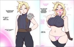 1boy 1futa abarus balls_in_panties balls_in_thong big_breasts bimbo bimbofication blonde_hair blue_eyes breast_expansion breasts bulge bush busty choker cleavage cloud_strife cloudette_strife curvy_figure dialogue eye_contact eyeshadow final_fantasy final_fantasy_vii futanari futanari_transformation futanarization gender_transformation heart-shaped_pupils hoop_earrings hourglass_figure huge_breasts large_breasts lipstick long_hair looking_at_viewer makeup male_to_futa nipple_bulge panty_bulge penis penis_bulge penis_in_panties pink_lipstick rule_63 small_penis tagme testicle_bulge text thick_lips thick_thighs thigh_gap thighhighs thighs thong transformation voluptuous wide_hips