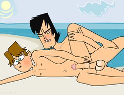 2boys anal_penetration anal_sex balls beach black_hair brown_hair cody_(tdi) crossed_eyes erection green_eyes hair hand_on_crotch human legs_held_open male_only nude on_side penis straight_hair tagme total_drama_island trent_(tdi) trody whit08pr0n wince yaoi