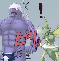 anthro bandana blush clothes color front_view insect interspecies machoke male male_only monster muscles pokémon_(species) pokemon pokemon_(species) scyther t.rosshi tagme topless torn_clothes