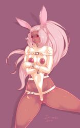 blush brown_eyes bunny_ears bunny_girl dark-skinned_female dark_skin female final_fantasy final_fantasy_xii fran iri-neko long_hair nippleless_clothes nipples solo straitjacket vaginal_insertion viera white_hair