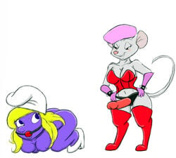 arms_behind_back ball_gag blonde_hair blue_eyes blue_skin bondage crossover disney gag gagged imminent_rape medium_breasts miss_bianca red_eyes smurfette strap-on the_rescuers the_smurfs thighhighs top-down_bottom-up