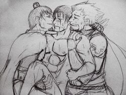 clothed_on_nude dynasty_warriors gay group_sex male male_only monochrome sketch sun_ce sun_jian tagme threesome yaoi zhou_tai