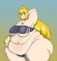 1girls bbw belly big_belly big_breasts blonde_hair breasts chubby cleavage fat fat_belly female female_only hair hand_on_head human human_only humanized long_hair obese obese_female overweight overweight_female pear_shaped pear_shaped_female sasha_sweets sashi-chan solo thick_thighs thunderkid92