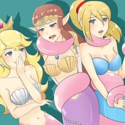 3girls belly_button bikini_top blonde_hair blue_bikini_top blue_eyes blue_tail breasts brown_hair captured cleavage crossover crown damsel_in_distress distress female female_only gold_bikini laughing long_hair mario_(series) mermaid mermaid_tail metroid midriff multiple_girls navel only_female open_mouth pink_tentacles pointy_ears ponytail princess_peach princess_zelda purple_tail samus_aran seashell_bikini seashell_bikini_top seashell_bra super_smash_bros. tears tentacle tentacle_grab the_legend_of_zelda tied_hair twilight_princess white_bikini_top zelda_(twilight_princess)