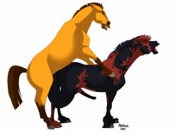 2021 animal_genitalia animal_penis arf-fra dreamworks duo equid equine equine_penis fan_character feral feral_on_feral gay genitals horse horsecock male male/male male_only mammal penetration penis sex simple_background spirit:_stallion_of_the_cimarron spirit_(character) text white_background