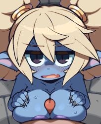 1boy 1girls areolae average-hanzo average_sized_penis big_breasts blonde_hair breast_grab breasts cute eye_contact female league_of_legends looking_at_viewer nipples paizuri penis pointy_ears poppy pov riot_games shortstack smaller_female twintails unseen_male_face yordle