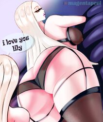 2girls ass ass_cleavage ass_focus big_ass big_breasts bra breasts bubble_butt butt_crack chubby chubby_female colored curvy curvy_female fanart female female_only femdom garter_belt huge_ass huge_breasts ivy_(fellatrix) large_ass large_breasts lily_(fellatrix) lingerie magentapeel milf multiple_girls orange_eyes stockings succubus thick_ass thick_thighs thighs twins white_hair wide_hips yuri