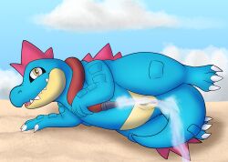 absurd_res alligator alligatorid anus blue_body blue_scales claws cloud conditional_dnp crocodilian fangs female feral feraligatr genitals happy hi_res hose itsdraconix looking_at_viewer lying nintendo on_ground on_sand on_side orange_eyes outside pokémon_(species) pokemon presenting pussy reptile sand scales scalie sky solo teeth tongue video_games water