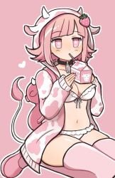 1girls cow_girl cow_print danganronpa danganronpa_2:_goodbye_despair milk nanami_chiaki straight_hair strawberry_milk underwear