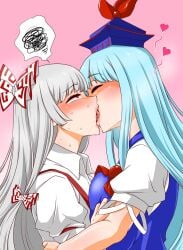 2girls big_breasts blue_hair blush breast_press breast_squish embrace eyes_rolling_back female female/female female_focus female_only french_kiss fujiwara_no_mokou hair_ribbon hat hearts keine_kamishirasawa kissing lesbian lesbian_kiss lesbians looking_pleasured making_out moaning_in_pleasure multiple_girls saliva saliva_trail scribble shiraue_yuu silver_hair sweating tagme touhou yuri