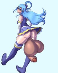 1futa aqua_(konosuba) back back_view backsack balls blue_hair breasts clothed clothing dark_penis detached_sleeves flaccid froeedo futa_only futanari human kono_subarashii_sekai_ni_shukufuku_wo! light-skinned_futanari light_skin long_hair looking_back mostly_clothed pale_skin penis solo thighhighs uncut