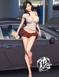 1girls 3d breasts brown_eyes brown_hair car car_wash cleavage clothed earrings female female_only final_fantasy final_fantasy_vii final_fantasy_vii_remake kato113_niko large_breasts long_hair looking_at_viewer maserati miniskirt off_shoulder plaid plaid_skirt shiny_skin solo sponge tank_top tifa_lockhart wet_clothes wet_skin