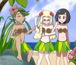 3girls barefoot beach bellossom_(cosplay) belly belly_button black_hair blonde_hair blue_sky blush closed_eyes coconut_bra cosplay feet female female_only flower_in_hair green_eyes green_hair grey_eyes hula_dancer hula_girl hula_skirt leaf_skirt light-skinned_female light_skin lillie_(pokemon) long_green_hair mallow_(pokemon) midriff navel nocunoct outdoors outside pokemon pokemon_(cosplay) pokemon_sm safe_for_work selene_(pokemon) sfw short_black_hair short_hair standing tan_skin white_skin