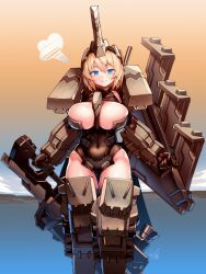 blonde_hair blue_eyes breasts clenched_hand covered_navel doyouwantto eyebrows_visible_through_hair female frame_arms_girl holding holding_shield holding_sword holding_weapon kagutsuchi_(frame_arms) large_breasts leotard light_blush shield short_hair smile solo sword thick_thighs thigh_gap thighs v-shaped_eyebrows weapon