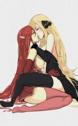 2023 2girls blonde_hair breasts breasts_out cordelia_(fire_emblem) cynthia_(pokemon) female female_only fire_emblem fire_emblem_awakening french_kiss grey_eyes hair_ornament hair_wings highres jenocidero kissing light-skinned_female light_skin long_hair mostly_nude multiple_girls nintendo nipples plain_background pokemon pokemon_dppt red_eyes red_hair stockings straddling thighhighs tongue tongue_out very_long_hair white_background yuri