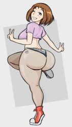 1girls ass big_ass biggy_deez blacked blacked_clothing breasts brown_eyes brown_hair crop_top deezysempai eye_contact female female_focus female_only huge_ass looking_at_viewer my_hero_academia ochako_uraraka one_eye_closed pantyhose peace_sign queen_of_spades solo standing t-shirt tattoo thick_thighs thong