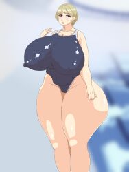 2020 big_breasts blonde_hair blue_eyes breasts cleavage eyebrows_visible_through_hair hair_behind_ear hand_on_thigh meda_moso nipples nipples_visible_through_clothing school_swimsuit shiny_clothes shiny_skin swimsuit thick_thighs wide_hips