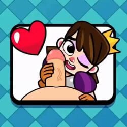 1boy 1girls animated blue_background clash_(series) clash_royale clothed clothed_female clothing crown eyeshadow fully_clothed fully_clothed_female gameplay_mechanics gif handjob heart hearts_around_head kissing_penis looking_at_viewer no_sound penis penis_on_face pov pov_eye_contact princess princess_(clash_royale) smile style_parody supercell tagme video video_games wink winking winking_at_viewer