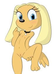 anthro blonde_hair blue_eyes brandy_&_mr_whiskers brandy_harrington canine collar disney disney_channel dreameclipsewolf eyelashes female female_focus female_only flat_chest fur furry furry_only nipples nude pointing_at_self pussy smile solo tail tan_fur toon_disney transparent_background