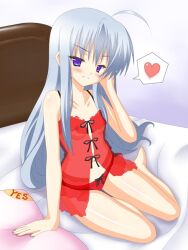 ahoge anzelotte bed blue_eyes blush eyebrows_visible_through_hair female grin heart long_hair night_wizard red_panties see-through small_breasts solo spoken_heart ubox very_long_hair white_hair