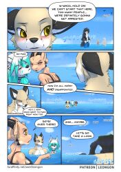 2018 2boys 2girls ambient_bird anthro artica_sparkle avian beach bikini bird blue_body blue_eyes blue_fur blush breasts canid canine canis closed_eyes clothed clothing collar comic darkiko dialogue dragon ear_piercing ear_ring english_text erection erection_under_clothing female fox frown fur furry gesture group hybrid jogauni leongon looking_back male mammal nina_valentine partially_submerged piercing pointing raised_finger sand seaside sly_(electronfox777) smile sound_effects standing straight swimwear tan_body tan_fur text topless url water white_body white_fur wolf yellow_eyes