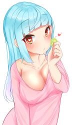 1girls clothed clothing condom female female_only fully_clothed futatama_tsukasa haks heart-shaped_pupils human light-skinned_female light_skin lolipop_x21x pale_skin pink_shirt solo virtual_youtuber