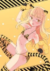 2022 animal_ears animal_hands animal_print aohashi_ame armpits ass bikini blonde_hair blush breasts chinese_zodiac collarbone female flat_chest glasses gloves highres long_hair looking_at_viewer navel open_mouth paw_gloves perrine_h_clostermann shiny shiny_hair shiny_skin small_breasts solo stockings strike_witches swimsuit tail thighhighs tiger_ears tiger_print tiger_tail world_witches_series year_of_the_tiger yellow_eyes