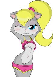 anthro berri blonde_hair blue_eyes blush conker's_bad_fur_day dreameclipsewolf eyelashes furry grey_fur large_breasts navel_piercing no_bra ponytail rareware shorts shorts_down squirrel tank_top tank_top_lift transparent_background wink