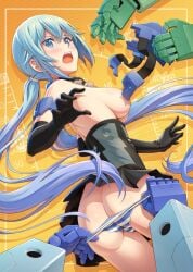 ass black_gloves blue_eyes blue_hair blush breasts elbow_gloves female frame_arms_girl gloves large_breasts long_hair looking_at_viewer low_twintails panties pinakes sideboob skirt striped striped_panties stylet twintails underwear undressing very_long_hair