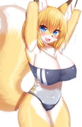 animal_ear_fluff animal_ears animal_nose anthro arms_behind_head arms_up blonde_hair blue_eyes blush breasts covered_nipples eyebrows_visible_through_hair fang female fox_ears fox_girl fox_tail furry furry_female gris_swimsuit hair_between_eyes highres horokusa_(korai) korai large_breasts looking_at_viewer md5_mismatch meme_attire no_humans open_mouth original smile solo swimsuit tail thick_eyebrows white_fur yellow_fur