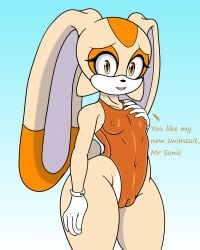 absurd_res anthro blue_background breasts cameltoe clothing cream_the_rabbit dialogue english_text female gloves gradient_background handwear hi_res lagomorph leporid looking_at_viewer mammal navel_outline nipple_bulge one-piece_swimsuit orange_clothing orange_swimwear pokies rabbit sega shinymagpie simple_background small_breasts solo sonic_(series) sonic_the_hedgehog_(series) standing swimwear text thick_thighs white_clothing white_gloves white_handwear wide_hips