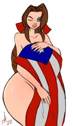 aerith_gainsborough ass big_ass blue_eyes blush brown_hair covering covering_self final_fantasy final_fantasy_vii flag nude pranky puerto_rican_flag ribbon smile wide_hips wink