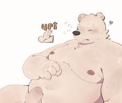 2022 anthro belly blush closed_eyes erection genitals haoming hi_res humanoid_genitalia humanoid_hands humanoid_penis kemono male mammal moobs nipples overweight overweight_male penis polar_bear simple_background sitting solo ursid ursine white_background