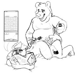 2021 4_toes absurd_res anthro balls bejeweled belly big_belly bottlebear cellphone chastity_cage chastity_device clothed clothing curiouscoobah digital_drawing_(artwork) digital_media_(artwork) domestic_pig duo electronic_arts feet fur gay genitals hair hi_res mammal manor_(bottlebear) nude open_mouth phone pillow popcap_games poppers sex simple_background slightly_chubby suid suina sus_(pig) toes topless tusks ursid video_games white_background yaoi