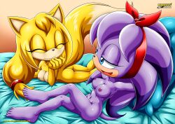 2girls 5_toes barefoot bbmbbf blonde blonde_female breasts feet female female_only furry happy humanoid_feet laying_on_bed long_hair mobius_unleashed nipples nude palcomix perci_the_bandicoot purple_fur purple_hair sega simple_background smile soles sonic_(series) sonic_boom tail toes yellow_fur yellow_hair zooey_the_fox