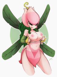 1girls 4_wings big_breasts black_eyes breasts breasts_out busty digimon digimon_(species) fairy fairy_wings female female_only flashing leaf leaf_wings leaves lillymon monster_girl nipples pink_nipples pink_skin plant plant_girl secretly_saucy showing_breasts solo solo_female vine_hair vines wings