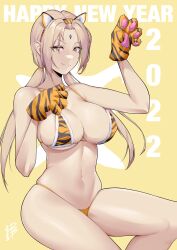 1girls 2022 bare_arms bare_legs bare_shoulders bikini bikini_bottom bikini_top blonde_hair brown_eyes cleavage clothing cosplay damodar english_text fake_animal_ears fake_paws female female_focus female_only g-string gloves hairband happy_new_year highres looking_at_viewer micro_bikini naruto naruto_(series) naruto_shippuden orange_bikini orange_panties orange_thong pale-skinned_female pale_skin petplay pinup pose posing revealing_clothes shounen_jump sideboob sitting smile smiling solo solo_female solo_focus text thick_thighs thighs tied_hair tsunade twintails underboob voluptuous wide_hips year_of_the_tiger