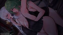 2girls armpits artist_name azur_lane black_nightgown blue_eyes blurry blurry_background breast_grab breasts dutch_angle female grabbing grabbing_from_behind green_hair huge_breasts illustrious_(azur_lane) indoors kitsune-neko lace_trim large_breasts licking licking_neck light-skinned_female light_skin littorio_(azur_lane) long_hair multiple_girls nightgown pillow royal_navy_(azur_lane) sardegna_empire_(azur_lane) sweat tongue tongue_out very_long_hair white_hair yuri