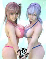 2girls 3d ass bangs bikini blue_eyes breast_to_breast breasts cleavage dead_or_alive dead_or_alive_xtreme_venus_vacation female female_only fiona_(doa) hand_holding honoka_(doa) implied_yuri kato113_niko large_breasts looking_at_viewer pink_hair ponytail side_ponytail sideboob skimpy skimpy_bikini smile white_hair yuri