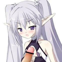 agarest_senki blush elf female fingerless_gloves flat_chest fyuria_(agarest_senki) gloves long_hair naizuri open_mouth paizuri pointy_ears purple_eyes record_of_agarest_war solo straight twintails ubox