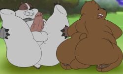 anthro ass badger badgerclops balls brown_body brown_fur camp14 cartoon_network duo erection fur genitals grin grizzly_(wbb) male male/male mammal mao_mao:_heroes_of_pure_heart mustelid musteline penis perineum presenting presenting_hindquarters smile spread_legs spreading ursid we_bare_bears