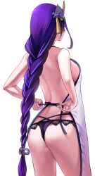 applekun apron ass back bare_shoulders braid braided_ponytail breasts female genshin_impact hair_ornament highres large_breasts long_hair naked_apron panties purple_apron purple_hair purple_panties raiden_shogun sideboob thighs underwear very_long_hair