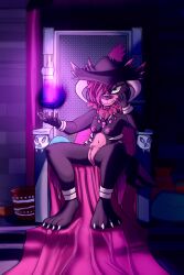 absurd_res anthro breasts chair dark_magic fan_character female feral furniture genitals hi_res magic pingumarci purple purple_light pussy solo throne